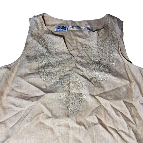 Nikki Valenti Irish Linen Top Pants Set Womens Sz. 16 Embroidered Tan Lagenlook - Picture 2 of 16